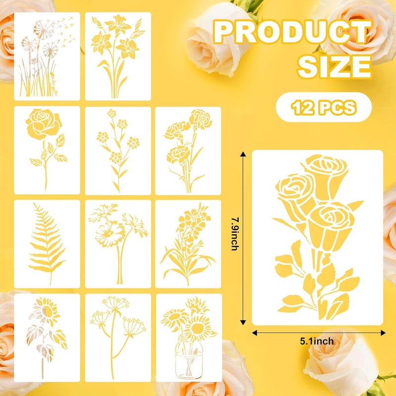Resflyar 12 PCS Flower Stencils Reusable Rose Sunflower Hibiscus Templates Floral Drawing Stencils for Wood Garden Fence Furniture Fabrics DIY Home Decor 7.9 x 5.1 Inch - Image 2